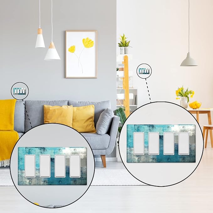Turquoise Teal Grey 4-Gang Rocker Light Switch Cover Abstract Art Decorative Wall Plate Cover Modern Electrical Outlet Covers