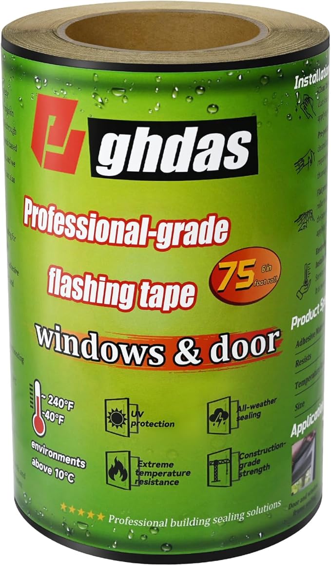 Flashing Tape, 6" x 75', Industrial Strength for Windows, Doors, Weather-Resistant, UV-Resistant, Tear-Resistant, Advanced Acrylic Adhesive, Black