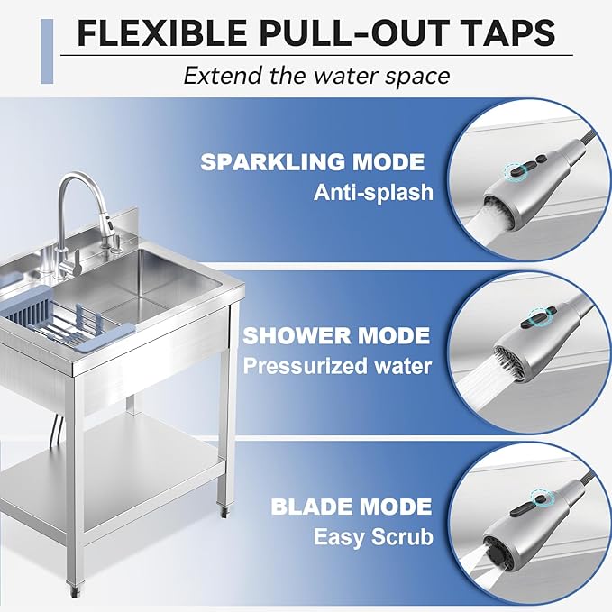 Stainless Steel Utility Sink, 28" Commercial Kitchen Single Bowl Sink with Cold and Hot Water Faucet,Hoses and Drain Kit,Complete Base Plate for Kitchens, Bathrooms, Laundry Room