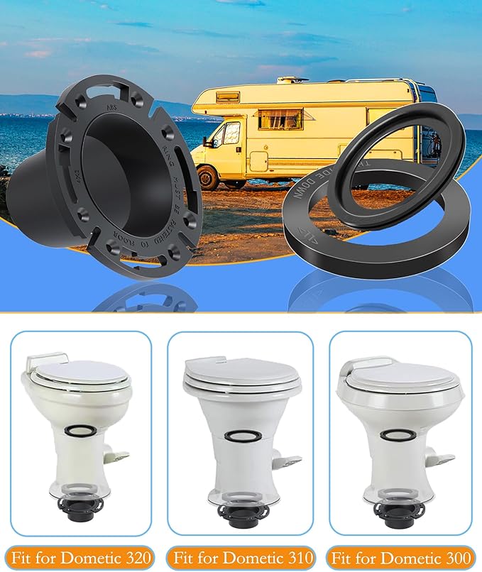 RV Toilet Seal and 3" Socket Floor Flange Kit for Dometic 300 310 320 RV Toilets, Replacement Parts Kit 385345892 Flange, 385311658 Flush Ball Seal and 385311652 Base Seal Gasket, 3 in 1 Repair Kit