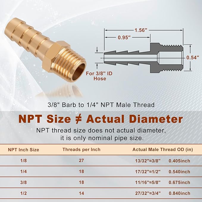 5pcs Brass Hose Barb Fittings 3/8 Inch Barb to 1/4 Inch NPT Male Thread Air Hose Fittings Adapter Connector Water Fuel Air Line Fittings 3/8” Barb × 1/4” NPT Brass Fittings