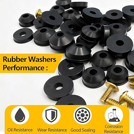 114-Piece 12 Sizes Faucet Washer Assortment Kit - Flat & Beveled Rubber Washers & Brass Bibb Screws for Outdoor Spigot, Hose Bib, Garden Valve Repair Replacement