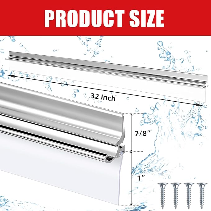 32" Chrome Framed Shower Door Replacement Drip Rail with Vinyl Sweep Door Water Deflector, Applied Mounting Tape and Screws (32Inch)