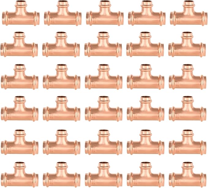 30-Pack GUOFIS Copper Press Tee,1" x 1" x 3/4" Tee Fittings for Copper Tube Connection with Stop(PRESS010-30Pack)