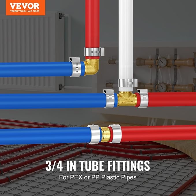VEVOR Pipe Fittings, 3/4" 45PCS (15xStraight, 15xElbows, 15xTees) Brass Pipe Fittings, Push-Fit Pipe Connector Brass Air Fittings, Plumbing Fittings Adapter for Heating/Shower Systems, Water Pipes