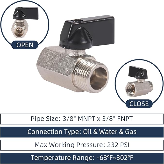 10 Pack 3/8'' Mini Brass Ball Valve 3/8 Inch Female x Male Threaded NPT Ball Valve Shut-Off Valve Plumbing Fitting for Water Oil Gas