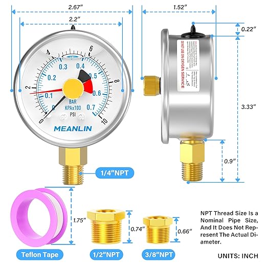MEANLIN MEASURE 0~10Psi Stainless Steel 1/4" NPT 2.5" FACE DIAL with Reset Pointer Liquid Filled Pressure Gauge WOG Water Oil Air, Lower Mount, with Brass Hex Bushing