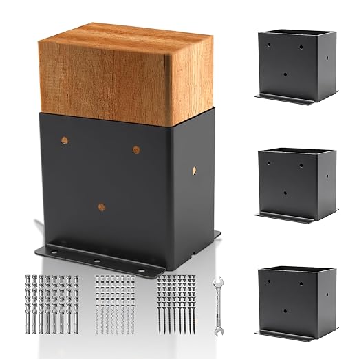 4 Set 4“× 6” Post Base, (Inner Size 3.6"x 5.6") Post Brackets,Black Metal Powder-Coated Thick Steel Post Anchor Outdoor for Support Deck Base Plate Pergola Brackets Fence Kit,Mialbox Post Mount