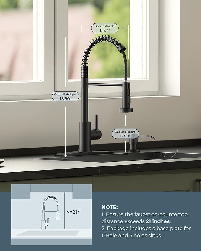 FORIOUS Black Kitchen Faucet with Soap Dispenser, Single Handle Stainless Steel Spring Sink Faucet with Pull Down Sprayer Transitional for Pot Filler, Farmhouse Camper Bar Laundry Room