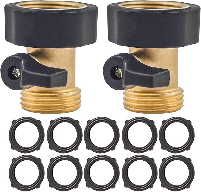 Hourleey Garden Hose Shut Off Valve, 2 Pack Heavy Duty 3/4 Inch Solid Garden Hose Shut Off Valve with 10 Extra Rubber Washers (Black)