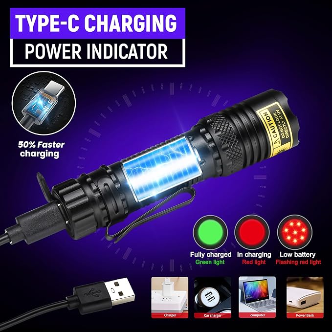 DARKDAWN UV Flashlight 365nm Black Light，Mini & Powerful USB- C Flashlights LED Rechargeable Woods Lamp， Portable Adjustable Focus Blacklight Flashlights for Uranium Glass, Money, Pet Urine Stains ﻿