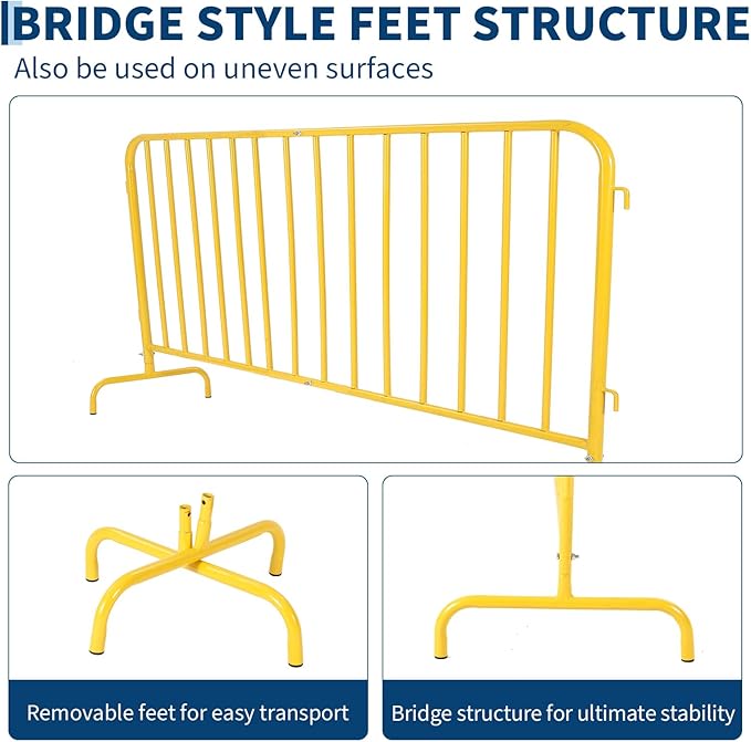 Interlocking Steel Barricade, 5.5 Ft. Heavy Duty Galvanized Metal Barricade, Interlocking Steel Road Barriers with with Bridge Feet Base, for Crowd Control Event Fencing Indoor/Outdoor, Yellow