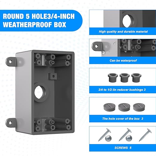 Single-Gang Weatherproof Electrical Outdoor Box, Suitable 1/2-Inch or 3/4-Inch Electrical Conduit Switch/Outlet Box, UL Listed, Junction Box Outlet, 2 Pack, Gray