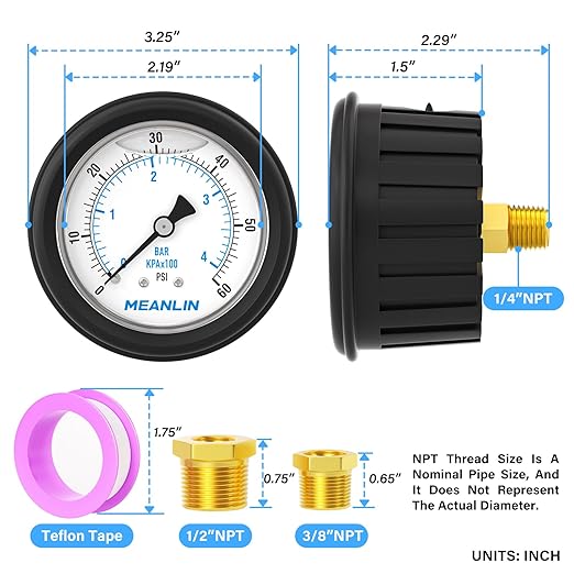 MEANLIN MEASURE 0~60Psi Stainless Steel 1/4" NPT 2.5" FACE DIAL Liquid Filled Pressure Gauge, Center Back Mount (with Rubber Protective Sleeve), with 1/2" NPT and 3/8" NPT Hex Bushing