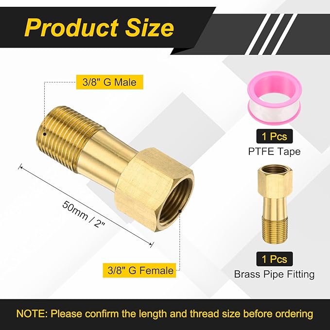 PATIKIL 2 Pack 3/8" g Male x 3/8" g Female Brass Pipe Fittings, Nipple Brass Fitting Extension Pipe Fittings Adapter Connection with Tape 2 Inch / 50mm Length