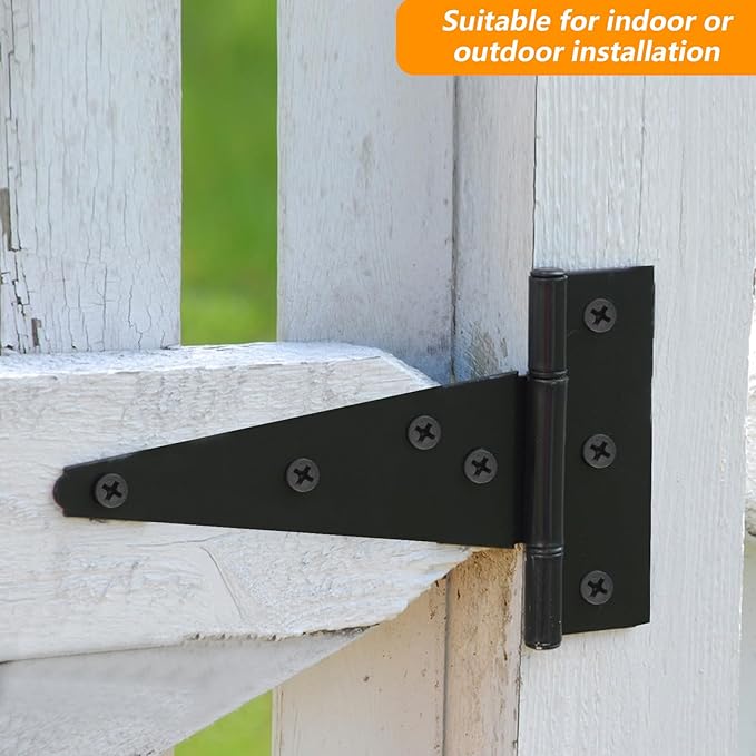12 Pack 6 Inch T Strap Hinges, Shed Door Gate Hinges, Heavy Duty Black Outdoor Tee Hinge for Wooden Fences, Barn Door Gates Hinge for Shed Door Hardware