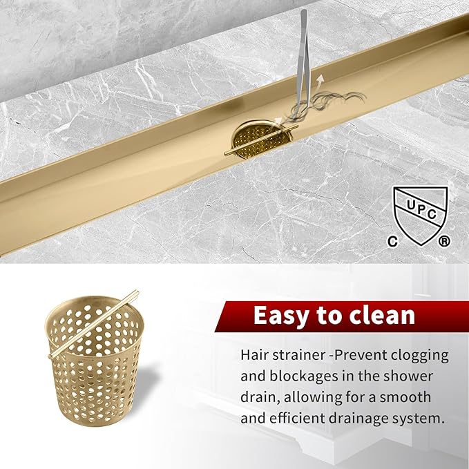 Sharp-tec Linear Shower Drain, 32 inch Shower Drain with Removable Pattern Cover, Brushed Gold 304 Stainless Steel Rectangle Floor Drain, Adjustable Feet and Hair Strainer Included (Model 101)