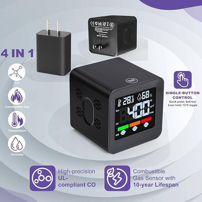 Plug-in 4-in-1 Gas & CO Detector with Temp/Humidity - Natural Gas, Propane & Methane Detector for Home, RV & Apartments (1, Black-Bleep Edition)