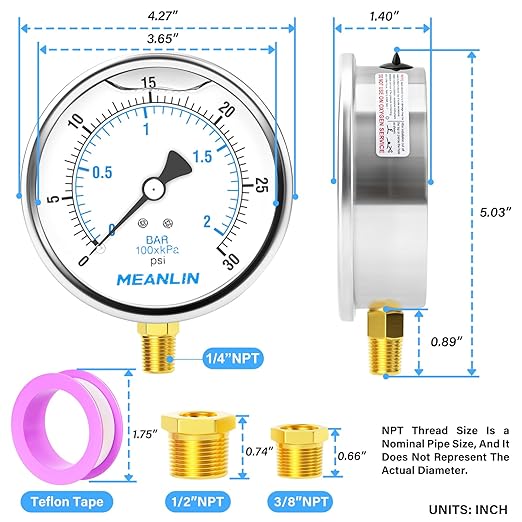 MEANLIN MEASURE 0~30Psi Stainless Steel 1/4" NPT 4" FACE DIAL Liquid Filled Pressure Gauge WOG Water Oil Air Lower Mount, with 1/2" NPT and 3/8" NPT Hex Bushing