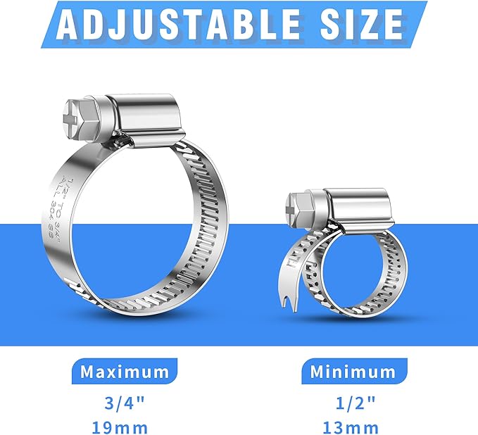 24PCS Heavy Duty Hose Clamps Stainless Steel 304,1/2" Hose Clamp to 3/4" Hose Clamp (13-19mm) Adjustable Worm Gear Drive Small Radiator Hose Clamps,Pipe Clamp for Automotive and Industrial Use