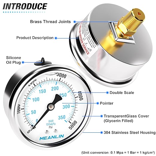 MEANLIN MEASURE 0~5000Psi Stainless Steel 1/4" NPT 2.5" FACE DIAL Liquid Filled Pressure Gauge WOG Water Oil Air Center Back Mount, with 1/2" NPT and 3/8" NPT Hex Bushing