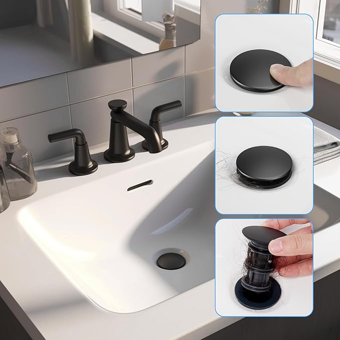 Hibbent 2 Pack Universal Bathroom Sink Drain Stopper, Pop Up Drain Strainer with Overflow, Push and Seal Sink Plug with Basket for Lavatory Vanity Vessel, Anti-Clogging Strainer, Matte Black