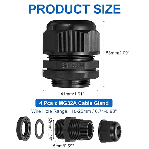 MECCANIXITY 4 Pcs M32 Cable Gland, 18-25mm Wire Hole Waterproof Nylon Joint for Cable Fixing, Wiring, Repairing, Gland Replacement, Electrical Appliances, Black