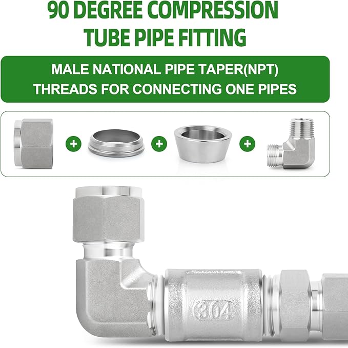 TAISHER 1PCS 304 Stainless Steel 90 Degree Compression Tube Pipe Fitting Connector, 12MM Tube OD x 1/2" NPT Male Adapter