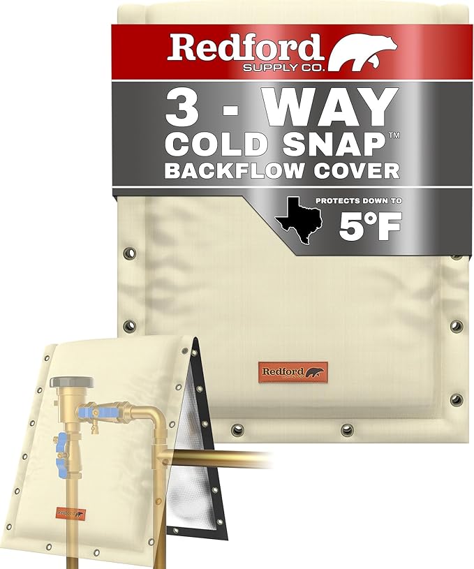 Redford Supply Co. Cold Snap (5°F) Backflow Preventer Insulation Cover, 3-Way Custom, 24"W x 36"H, Pipe Insulation, Water Sprinkler Covers for Outside, Sprinkler Backflow Cover for Winter (Beige)
