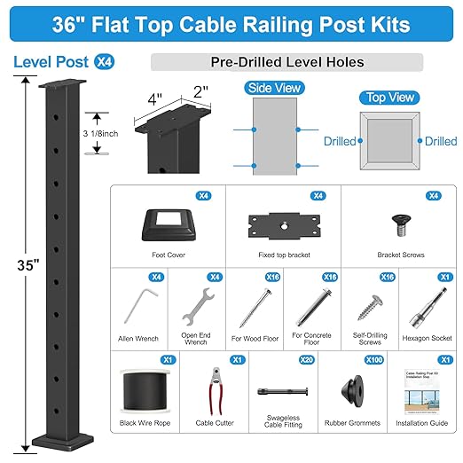 36" Cable Railing Post Kits, Flat Top Cable Post System Includes 4Pack 35" Level Drilled Posts, 1/8" Black Wire Rope w/Cutter, Swageless Cable Railing Tensioner System Kit(No Handrail), RG31