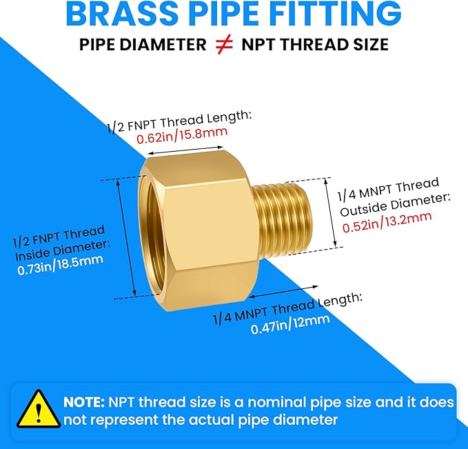 SDTC Tech 2-Pack Brass Pipe Fitting 1/4 NPT Thread Male to 1/2 NPT Thread Female Reducer Adapter, Brass Pipe Extension Connectors
