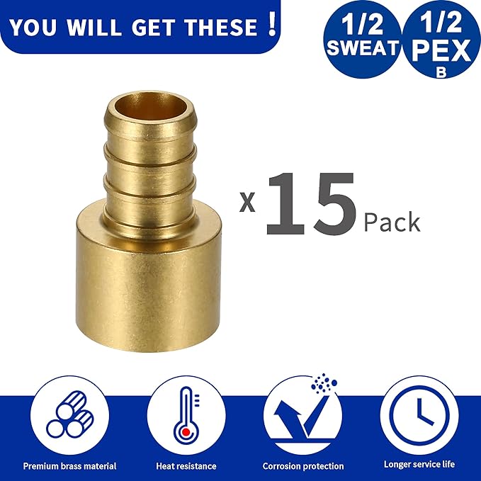 (15 Pack) Lidertik Copper to PEX Fittings 1/2 inch, 1/2" PEX-B F1807 x 1/2" Female Sweat Adapter Brass
