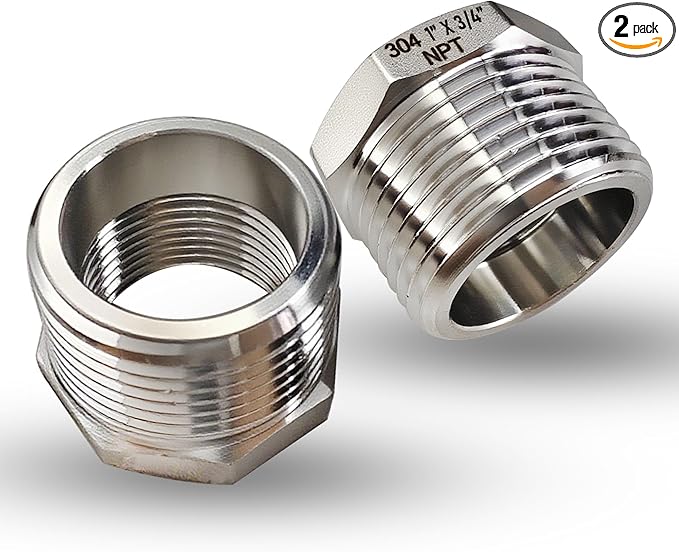 2 Pcs 304 Stainless Steel 1" Male to 3/4" Female Reducer Bushing, 1 Inch Male to 3/4 Inch Female NPT Pipe Fitting Reducing Adapter Tube Connector Convert (1" Male x 3/4" Female)