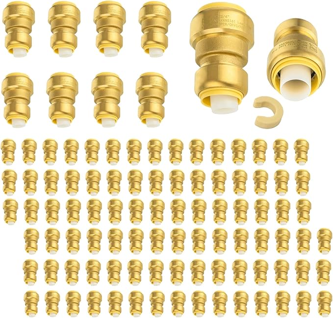 (Pack of 100) Niikappu 1" x 3/4" Reducing Coupling Brass Fittings, Push-to-Connect Plumbing Fitting for Pex, Copper, CPVC, Includes Removal Clip(PF144-100Pack)