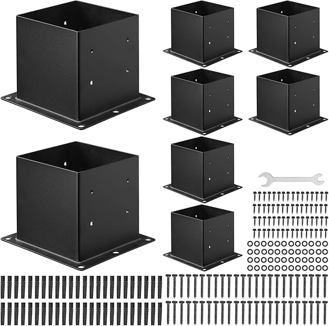 VEVOR 4x4 Post Base 8 Pcs, Inner Size 3.6x3.6 inch / 92x92 mm Post Brackets, Heavy Duty Carbon Steel Decking Posts, Wood Posts Brackets for Pavilion Deck Railing Support Deck Base Plate, Black
