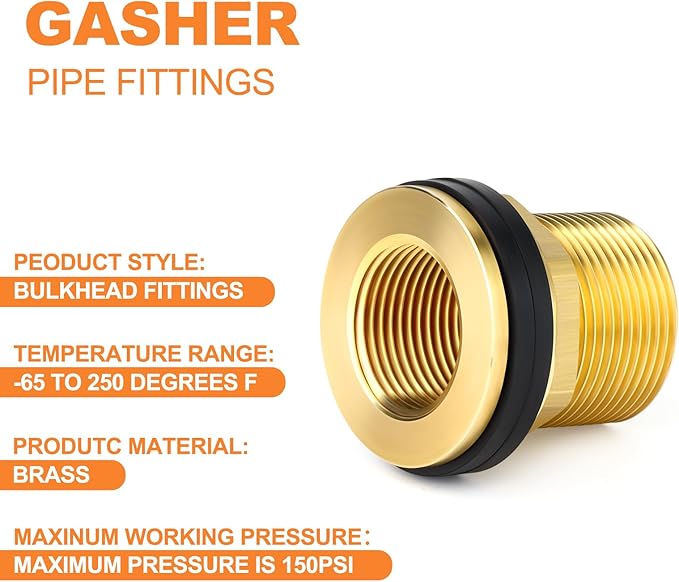 GASHER 4PCS Brass 3/4" Female 1" Male Bulkhead Tank Connector Adapter Fitting with Rubber Ring