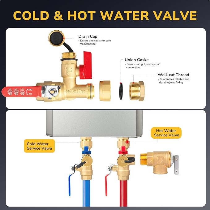 Tankless Water Heater Service Valve Kit, 3/4 Inch IPS Isolator Set with Pressure Relief Valve, Hot & Cold Shut-Off Valves, Lead-Free Premium Brass, Compatible with Rheem, Rinnai, Navien