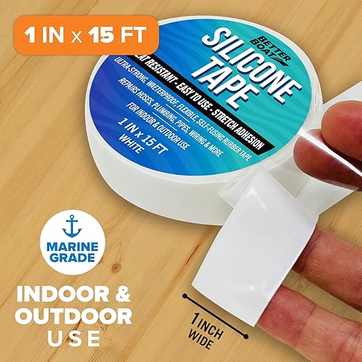 Better Boat White Heavy Duty Silicone Tape, Self-Fusing Rubber Hose and Plumbing Water Pipe Repair Seal, Coax Electrical or Waterproof Tape for Leaks, 15ft