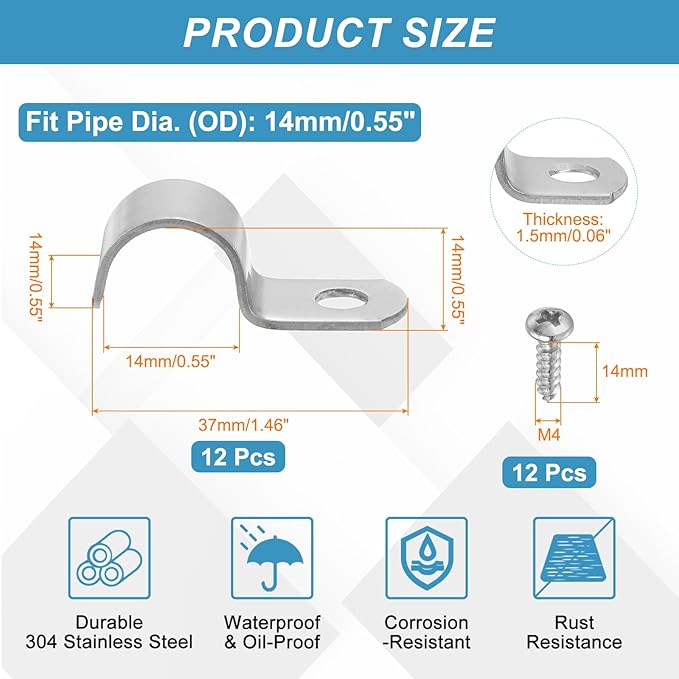 uxcell 12Pcs 14mm(9/16") One Hole Rigid Pipe Strap, 304 Stainless Steel Conduit Clamp Thicken U Bracket Heavy Duty Pipe Clamp with Self-Tapping Screws for Fixing Tube Cable, Silver