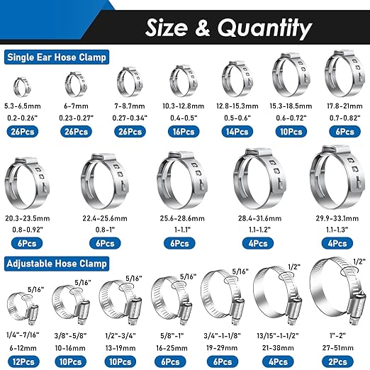 200Pcs 19 Sizes 304 Stainless Steel Single Ear Hose Clamp with Ear Clamp Pincer 5.3-33.1mm & Adjustable 1/4Inch - 2Inch(6-51mm) Hose Clamp Assortment Kit for Automotive, Plumbing, Fuel Line