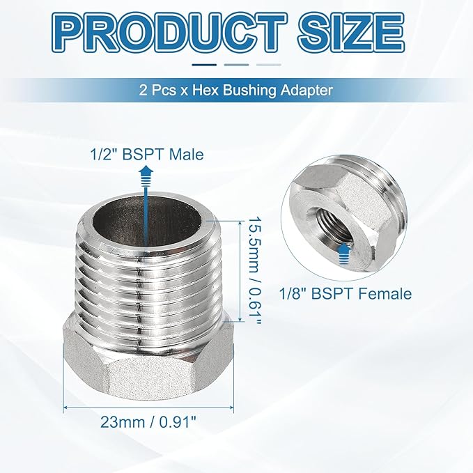 PATIKIL 304 Stainless Steel Reducer Hex Bushing 2 Pcs, 1/2" BSPT Male to 1/8" BSPT Female Pipe Reducing Adapter Fitting Connector for Water Gas Hydraulic Pipes Shower Hose, Silver