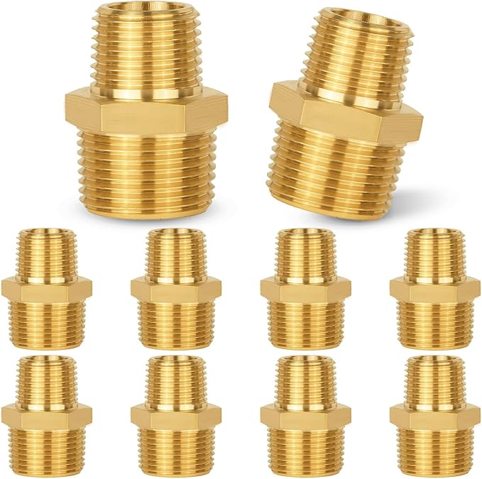 10-PCs HeSun Brass Hex Nipple Pipe Fitting, 3/4" NPT Male x 1/2" NPT Male Hex Pipe Adapter