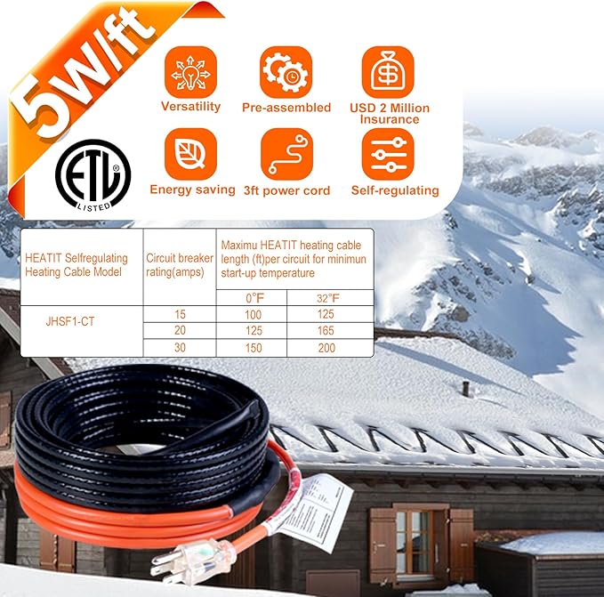HEATIT Sewage Pipe Heating Cable for Buried Pipes, Wastewater Systems, Sump Pumps, Roof De-Icing, 120V Self-Regulating, Fluoropolymer Corrosion-Proof, Freeze Protection,JHSF1-CT,6FT