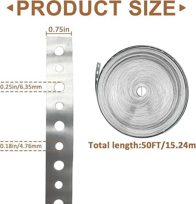 Metal Pipe Strap 3/4-Inch x 50-Feet 24-Gauge for Pipe Support Galvanized Pipe Hanger Strap Metal Strapping with Hole Flexible Trimming