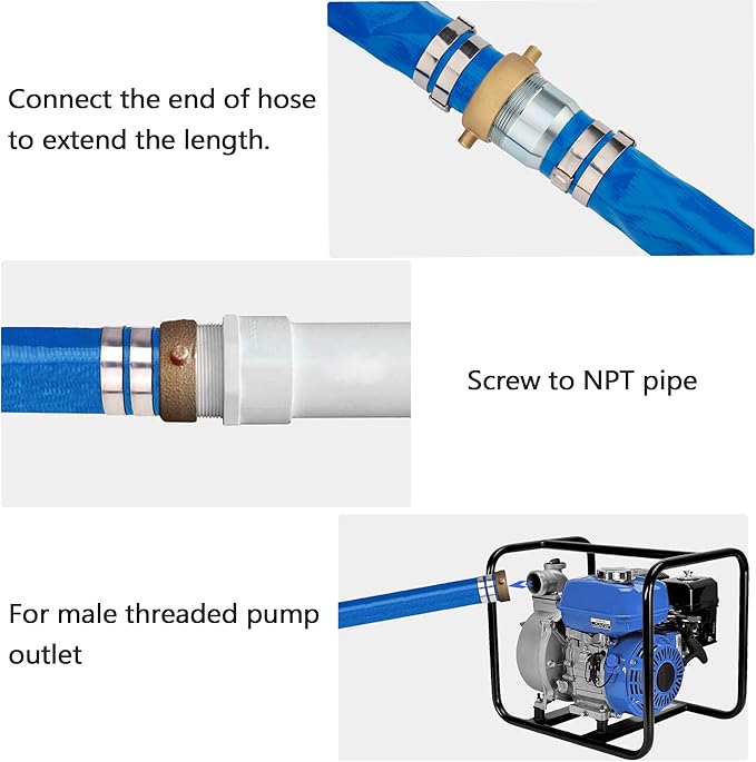 1.5" ID x 50 ft PVC Lay Flat Discharge Hose with NPT Pin Lug & KC Nipple Fittings, Heavy Duty Reinforced Blue Backwash Pump Hoses for Swimming Drain Pools and Clean Filters