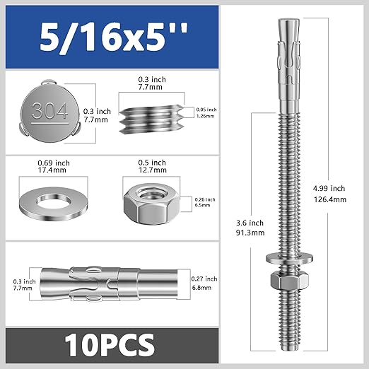 10Pcs 5/16x5 Inch Standard Fasteners for Heavy-Duty 304 Stainless Steel Wedge Anchors for Cement and Concrete