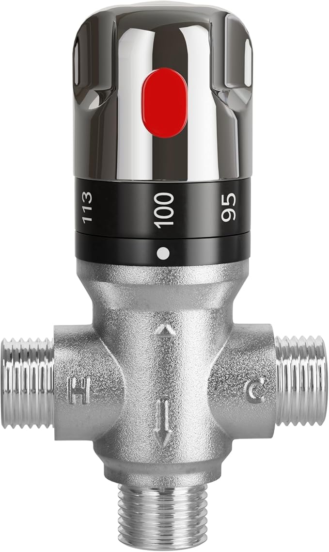 FUGO 1/2 NPT Thermostatic Mixing Valve,Water Mixing Valve with 1/2 NPT Male Connections,Solid Brass,Chrome