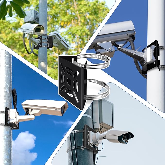 6 Pcs Universal Vertical Pole Mount for Security Camera Wall Mounting Bracket with 6/12 Loop Solid Metal Pole Bracket for CCTV Camera Indoor Outdoor Solar Panel LED Wall/ Stage Light (Black)