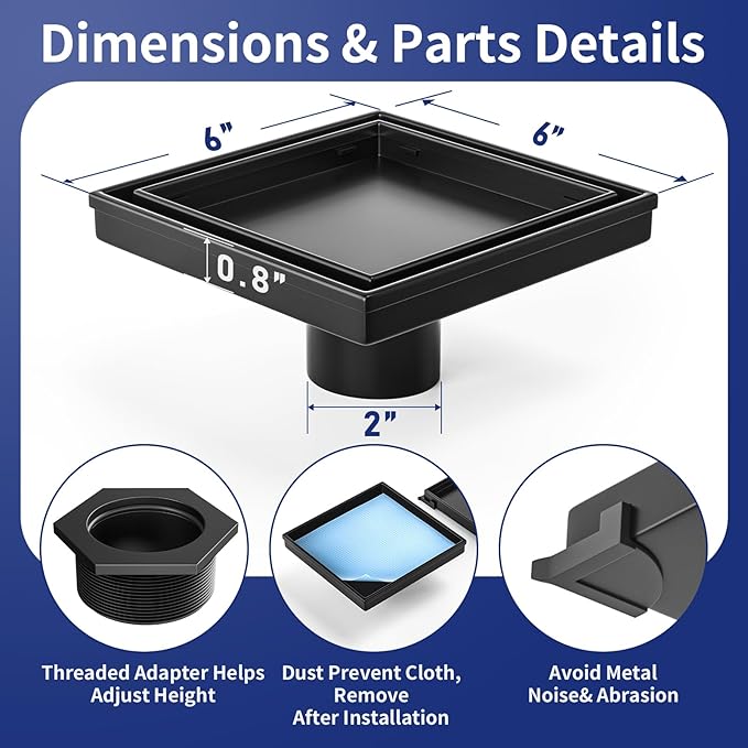 Square Shower Drain 6" with 2" PVC Flange Base, 304 Stainless Steel Tile in Floor Drain w/Tiled Insert Grate & Hair Catcher, CUPC Certified(Matte Black, 6'')
