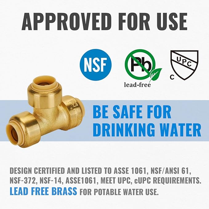 SUNGATOR 1/2 Inch Tee, Push Pex Tee Plumbing Fittings 1/2 Inch, No Lead Brass Push-to-Connect T Plumbing Fittings for PEX Pipe, Copper, CPVC, with 1 Disconnect Clip, Pack of 12